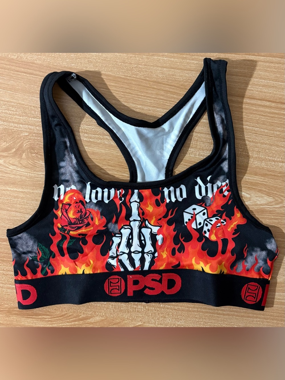PSD No Love No Dice Women’s Skeleton Hand Racerback Sports Bra Dry Tech Size S